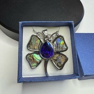 Simulated Purple Diamond, Abalone Shell Butterfly Pendant Necklace